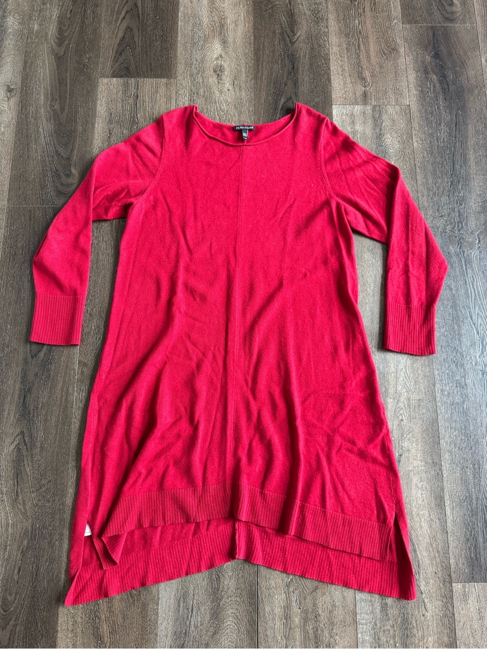 Eileen Fisher Wool Red Scoop Neck Long Knit Tunic Dress Size Large